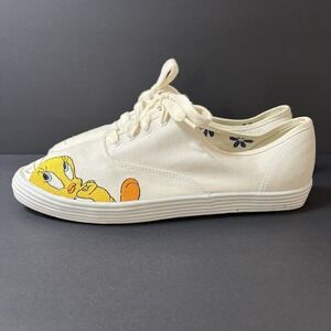 Looney Tunes White Canvas Sneakers Embroidered Tweety Bird Women's 10